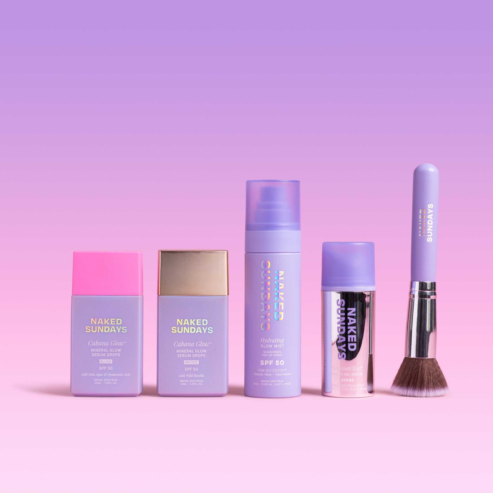 Collection of Naked Sundays skincare and makeup products on a pink background