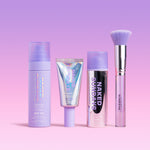 Makeup products with 'Naked Sundays' branding on a pink background