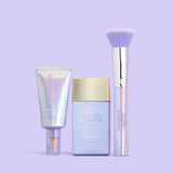 Skincare products including a tube, bottle, and brush on a light purple background