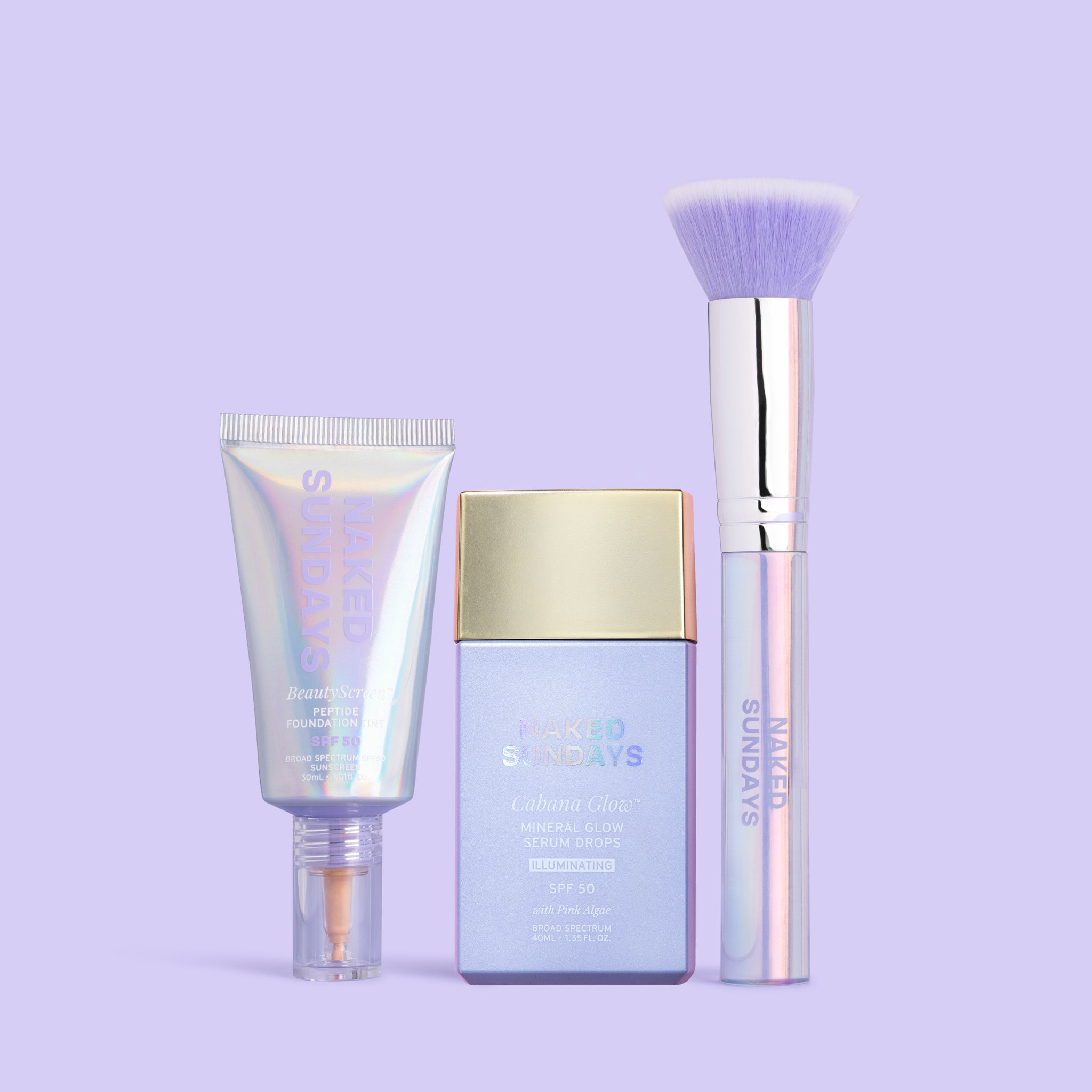 Skincare products including a tube, bottle, and brush on a light purple background