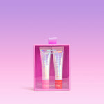 Naked Sundays Poutscreen SPF50 lip treatment duo in pink and red shades, packaged in a holographic gift box