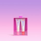 Naked Sundays Poutscreen SPF50 lip treatment duo in pink and red shades, packaged in a holographic gift box