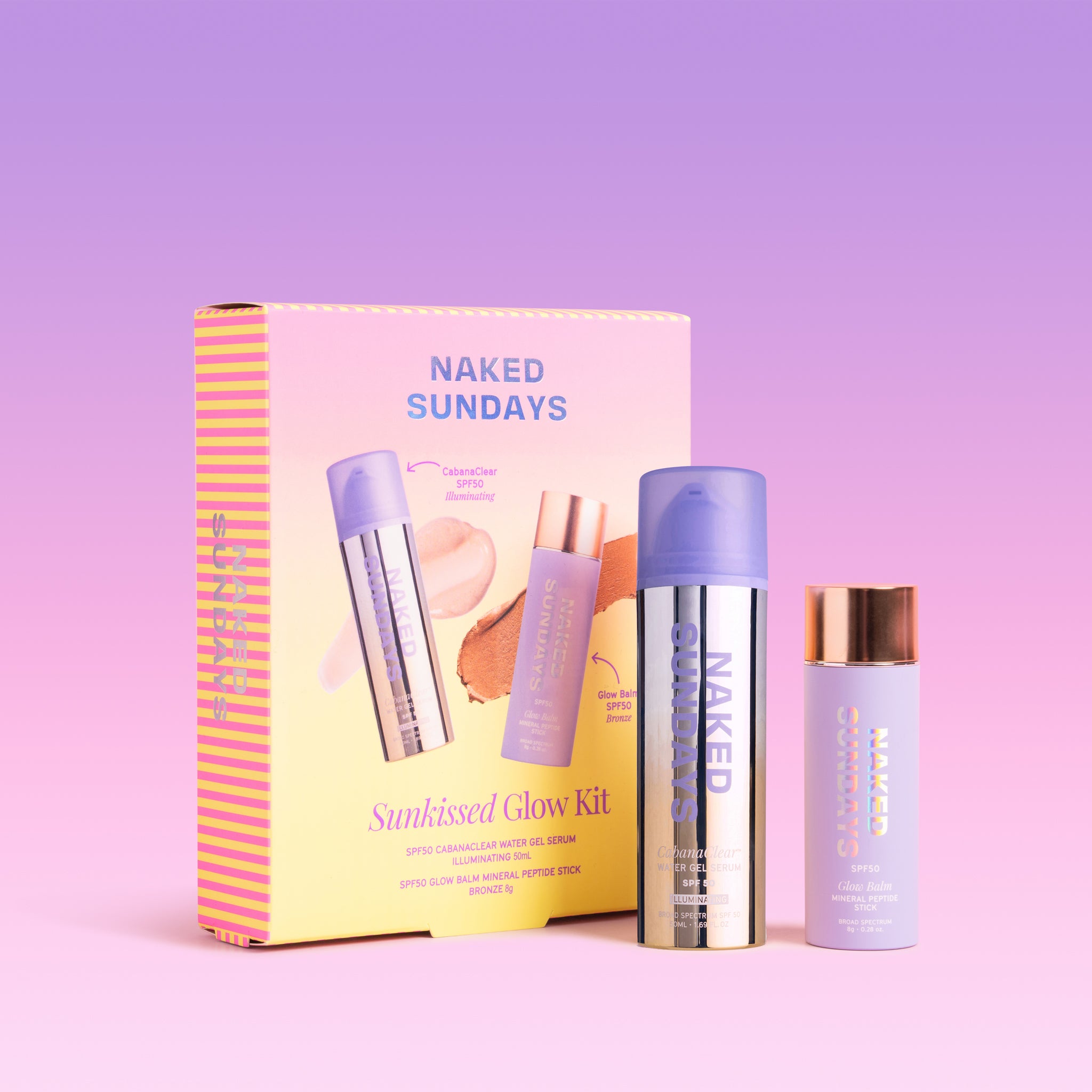 Naked Sundays Sunkissed Glow Kit featuring a serum pump bottle and bronze mineral peptide stick against a purple gradient