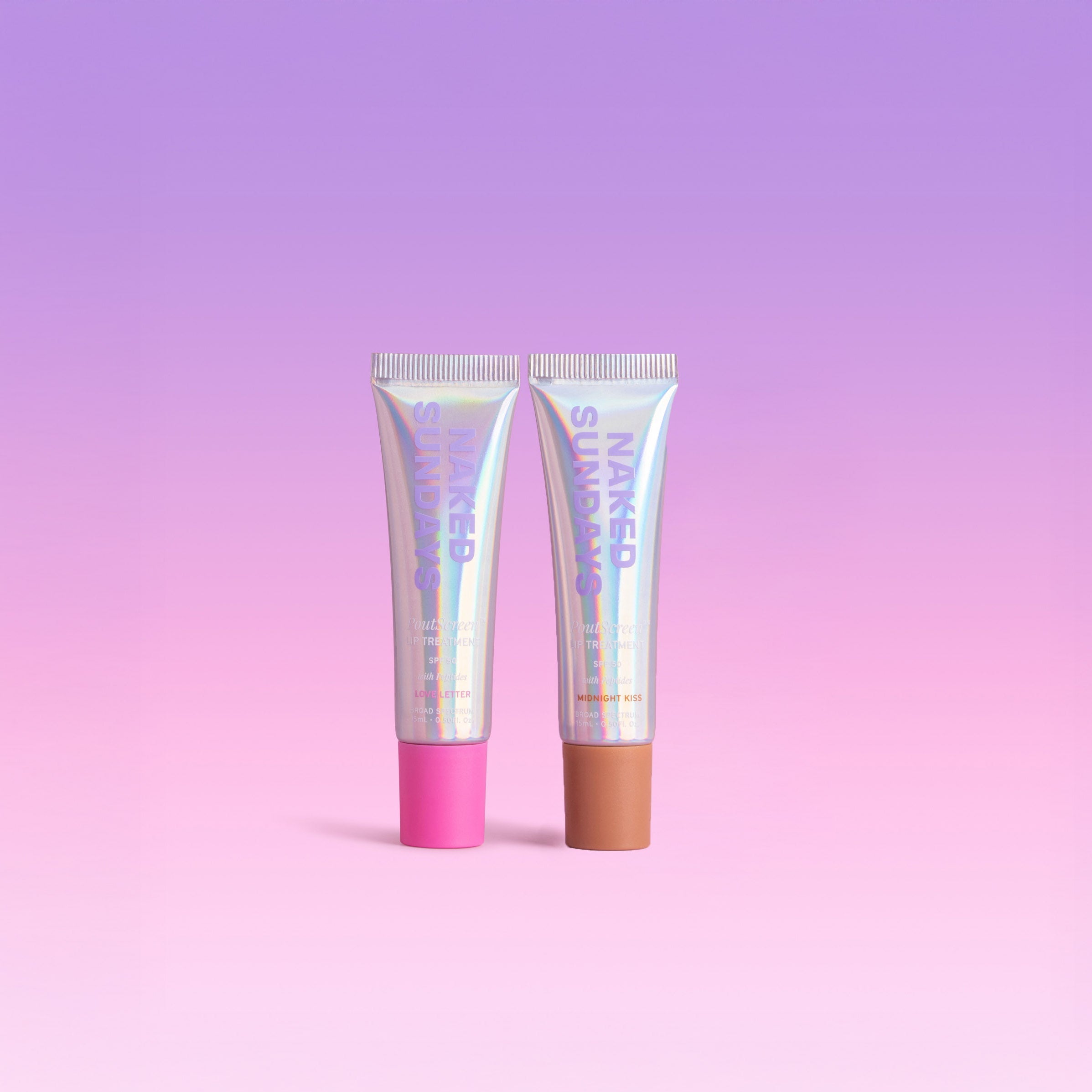 Two tubes of Naked Sundays PoutScreen Lip Treatments sunscreen on a gradient purple and pink background