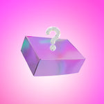 Iridescent packaging box with a question mark on a pink gradient background. Naked Sundays Mystery Box.
