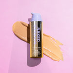 Naked Sundays CabanaClear Illuminating Water Gel Serum SPF50 on a pink background with a swatch of product.