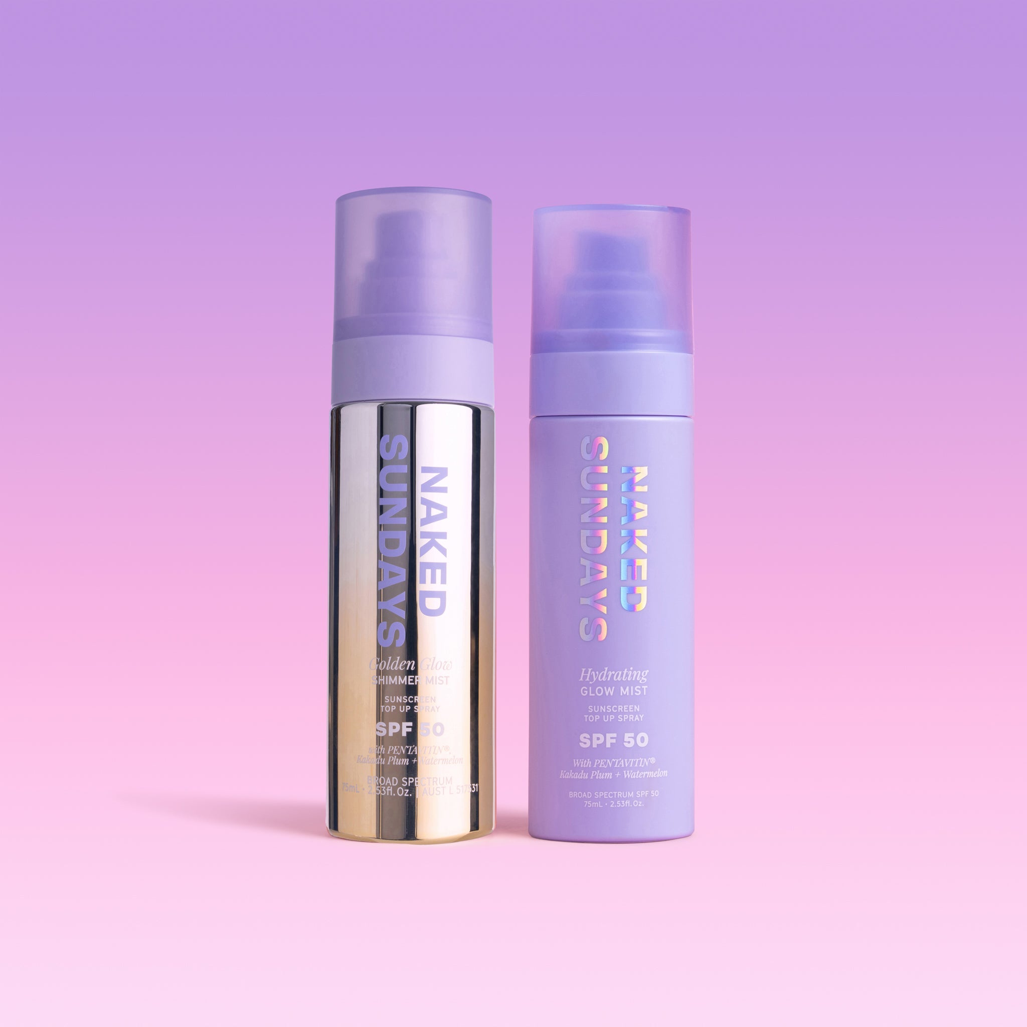 Naked Sundays SPF 50 duo with a metallic gold shimmer mist and a matte lilac hydrating mist on a pink gradient background