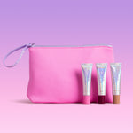 Pink Naked Sundays makeup bag with three tubes of Naked Sundays PoutScreen SPF50 Lip Treatment SPF50 