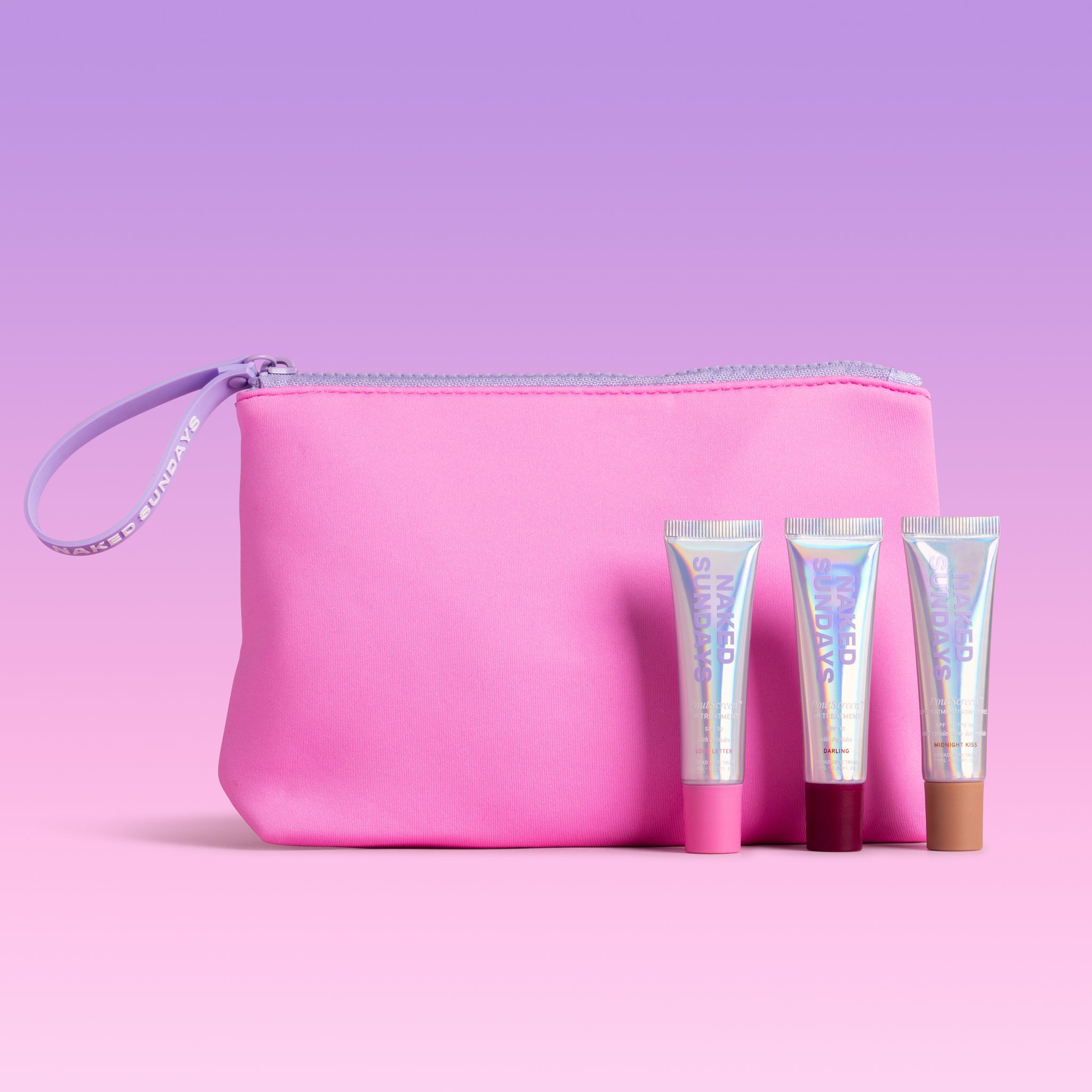 Pink Naked Sundays makeup bag with three tubes of Naked Sundays PoutScreen SPF50 Lip Treatment SPF50 