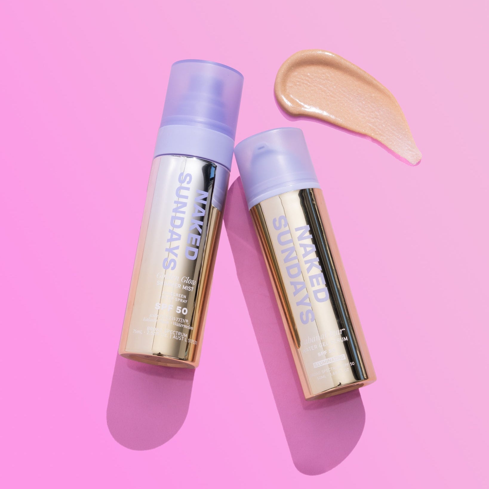 Two 'Naked Sundays' skincare products on a pink background with a swatch of beige color.