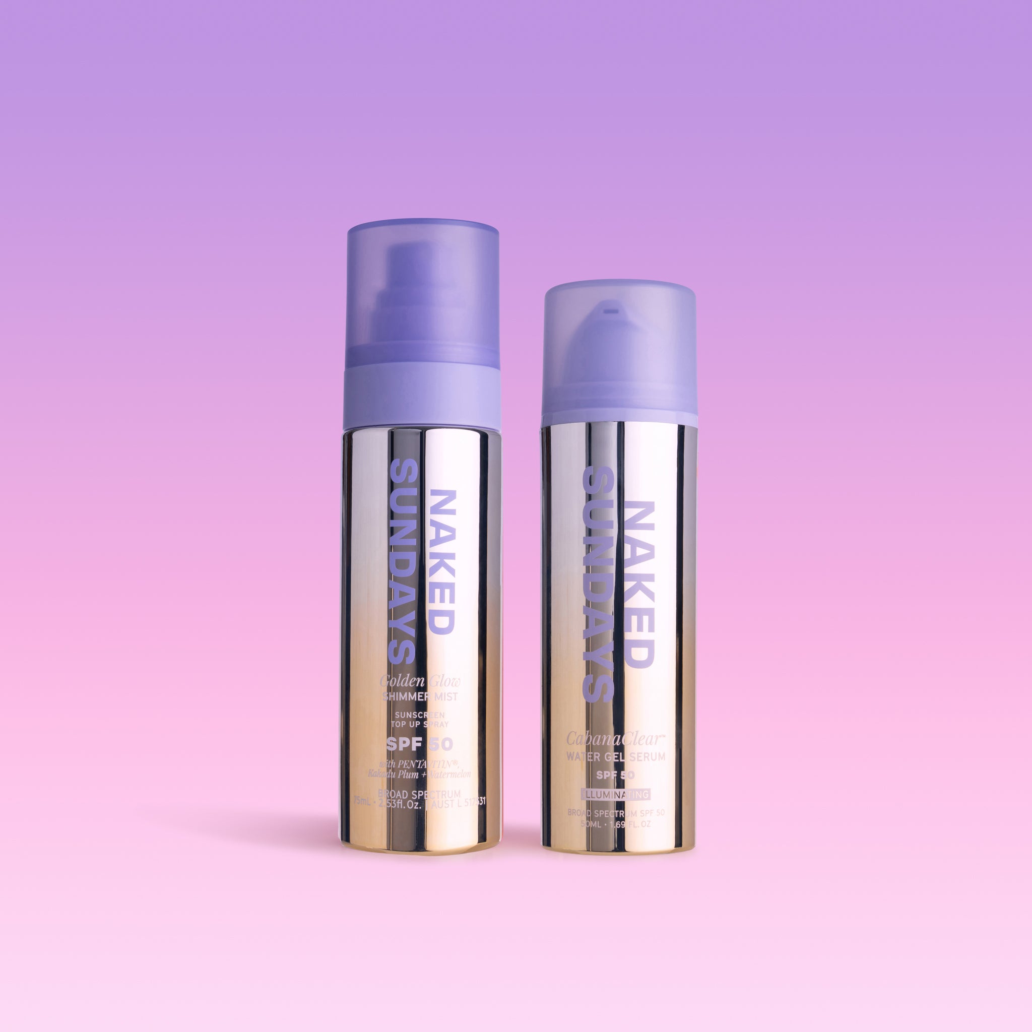 Naked Sundays Luminous Duo Bundle sitting n front of a pink and purple gradient background.