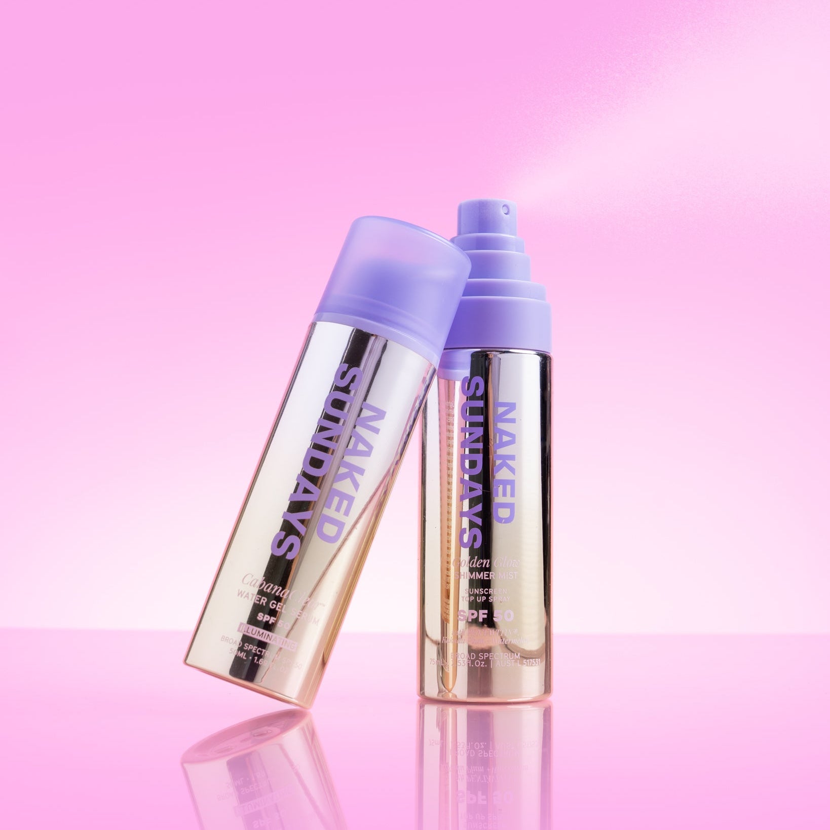 Two bottles of 'Naked Sundays' product on a pink background