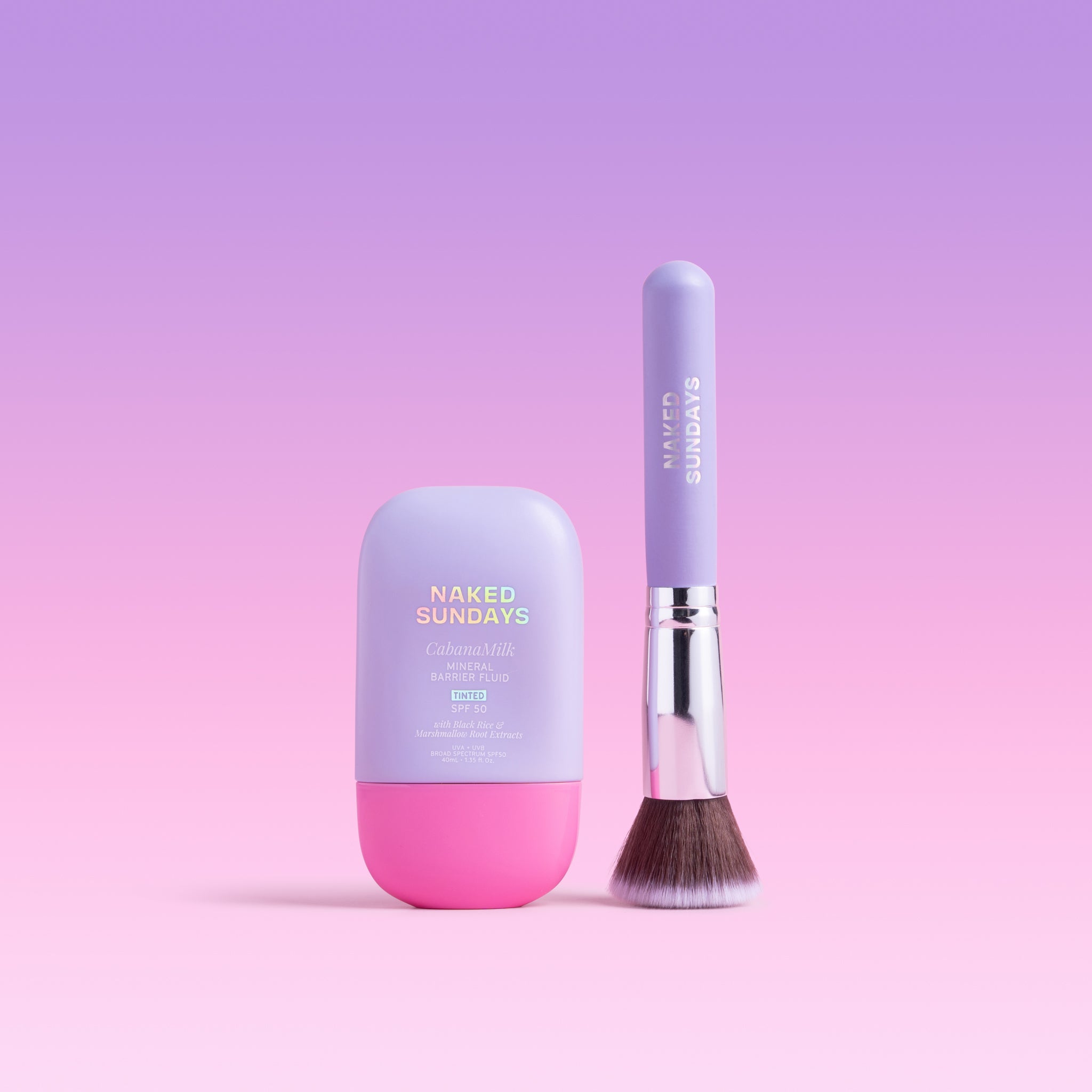 Naked Sundays CabanaMilk Mineral Barrier Fluid SPF50 next to a makeup brush on a purple background