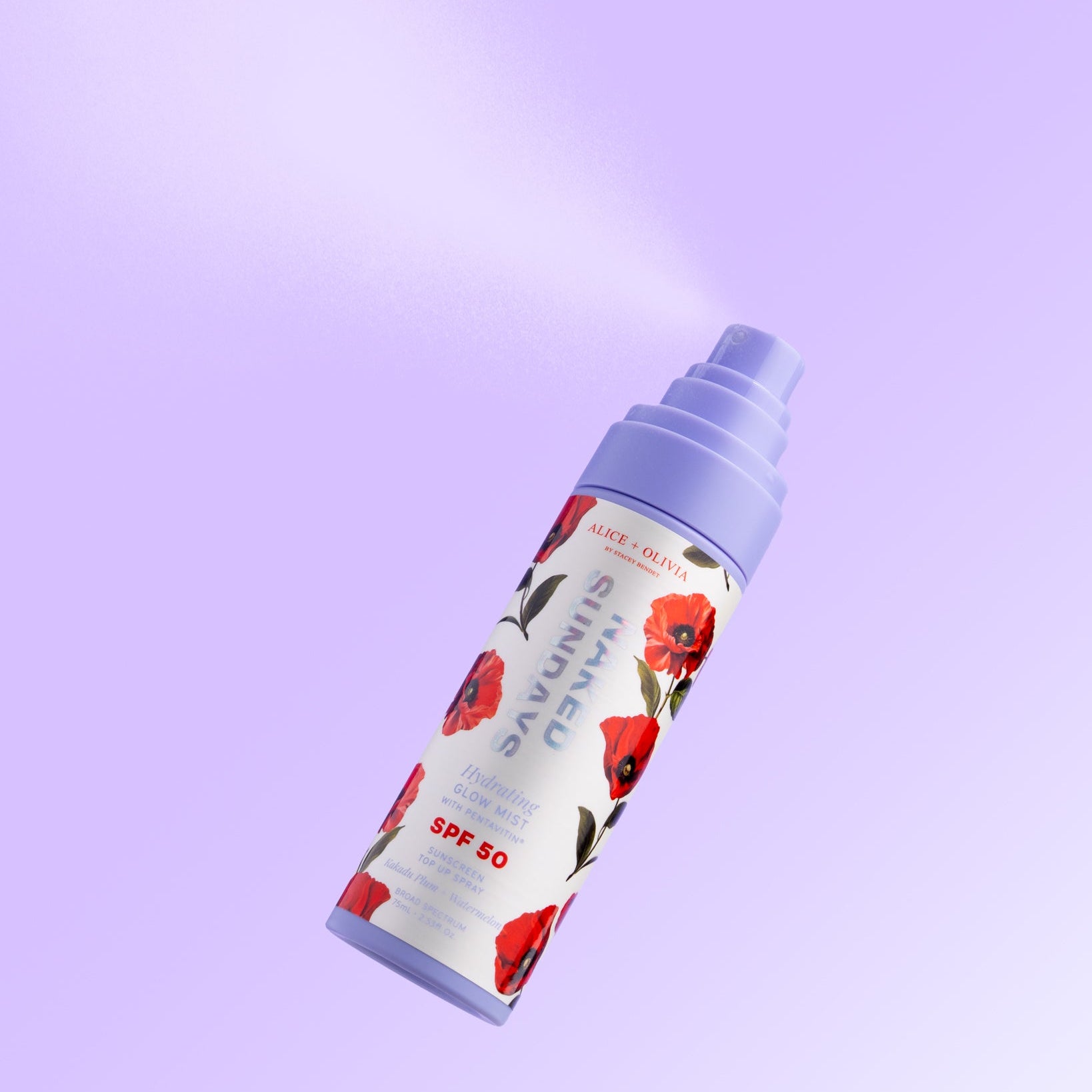 Naked Sundays x Alice & Olivia Hydrating Glow Mist on a purple background