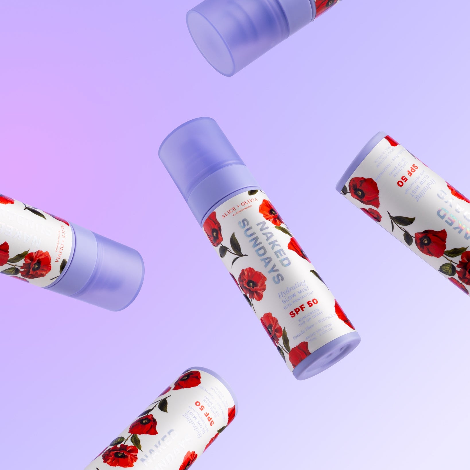 Multiple bottles of Naked Sundays x Alice & Olivia Hydrating Glow Mist on a purple background