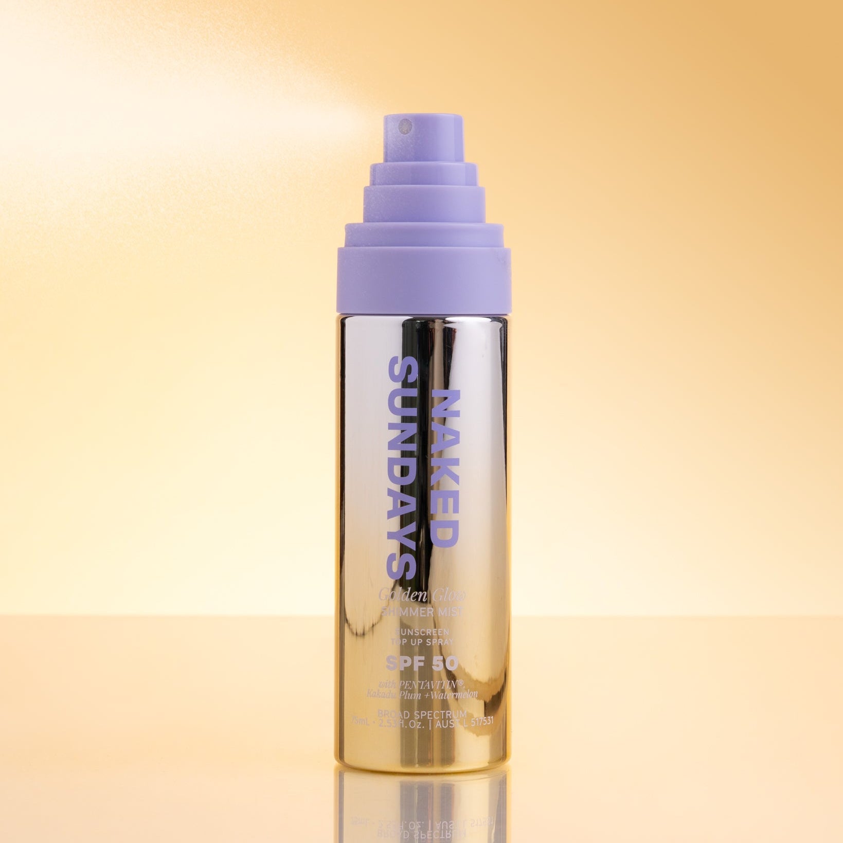 Skincare bottle with 'Naked Sundays' branding on a gradient yellow background