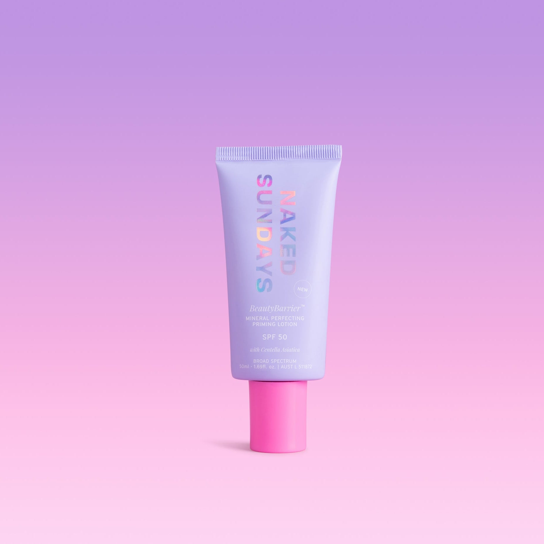 Naked Sundays BeautyBarrier Mineral Perfecting Priming Lotion. A purple tube of SPF with a pink lid on a pink and purple gradient background.