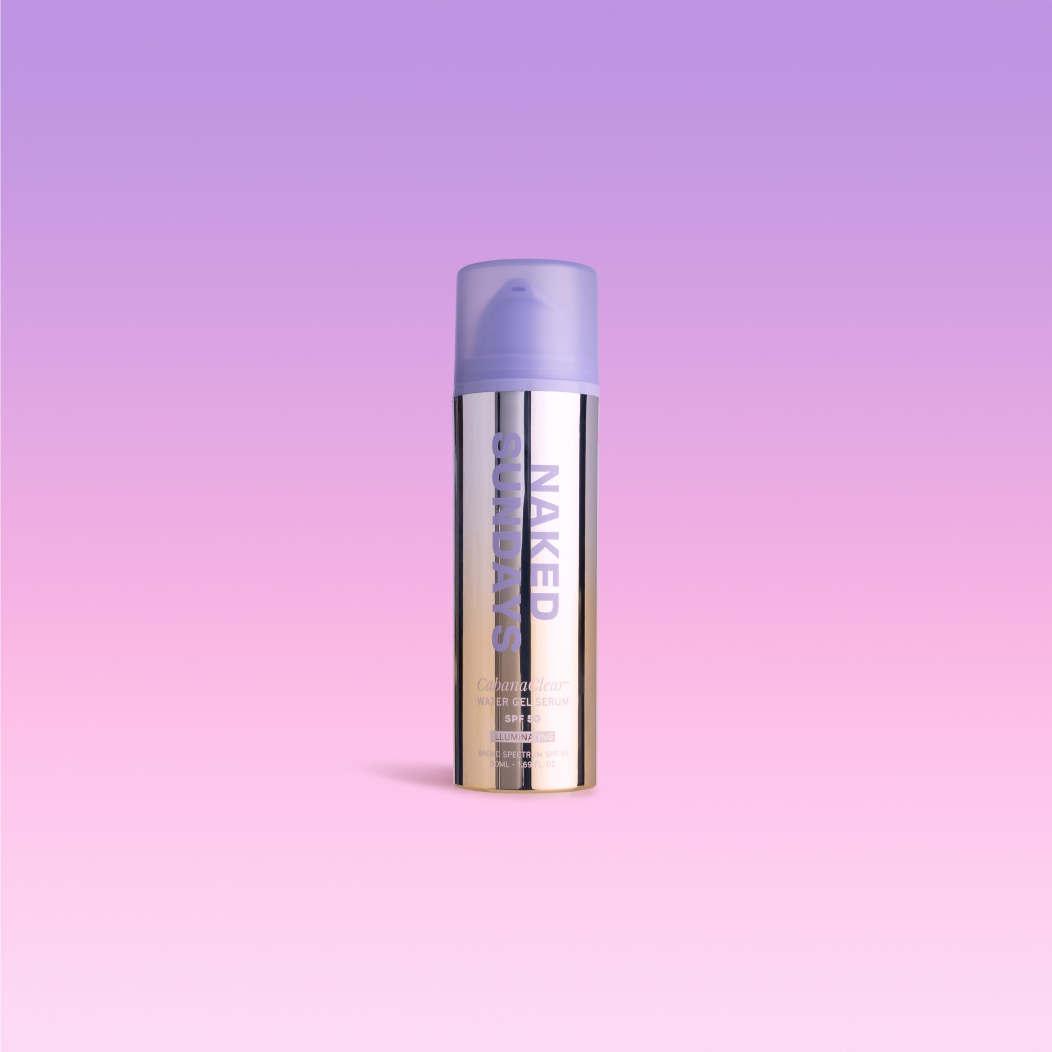 A bottle of Naked Sundays CabanaClear™ Water Gel Serum SPF50 in Illuminating against a pink background.