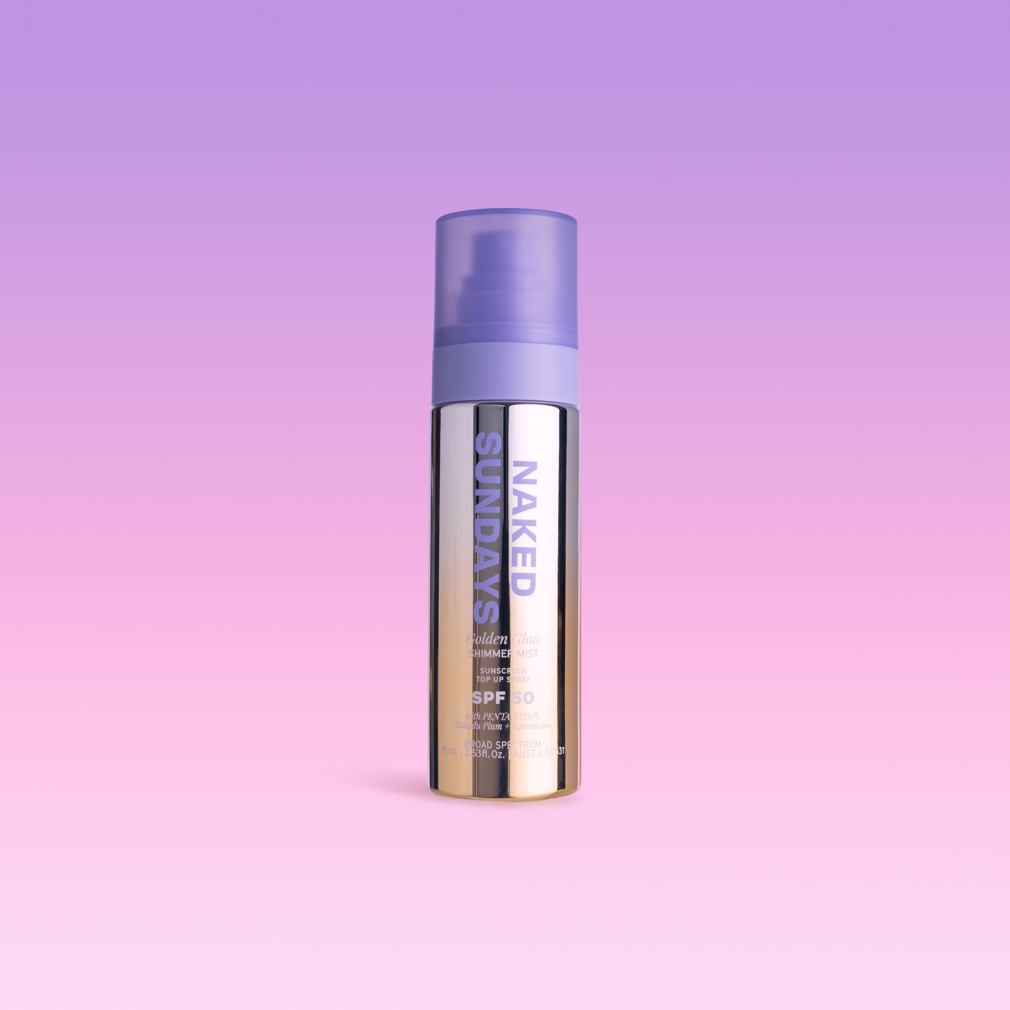 SPF50 Shimmer Mist bottle labeled 'Naked Sundays' on a gradient purple background