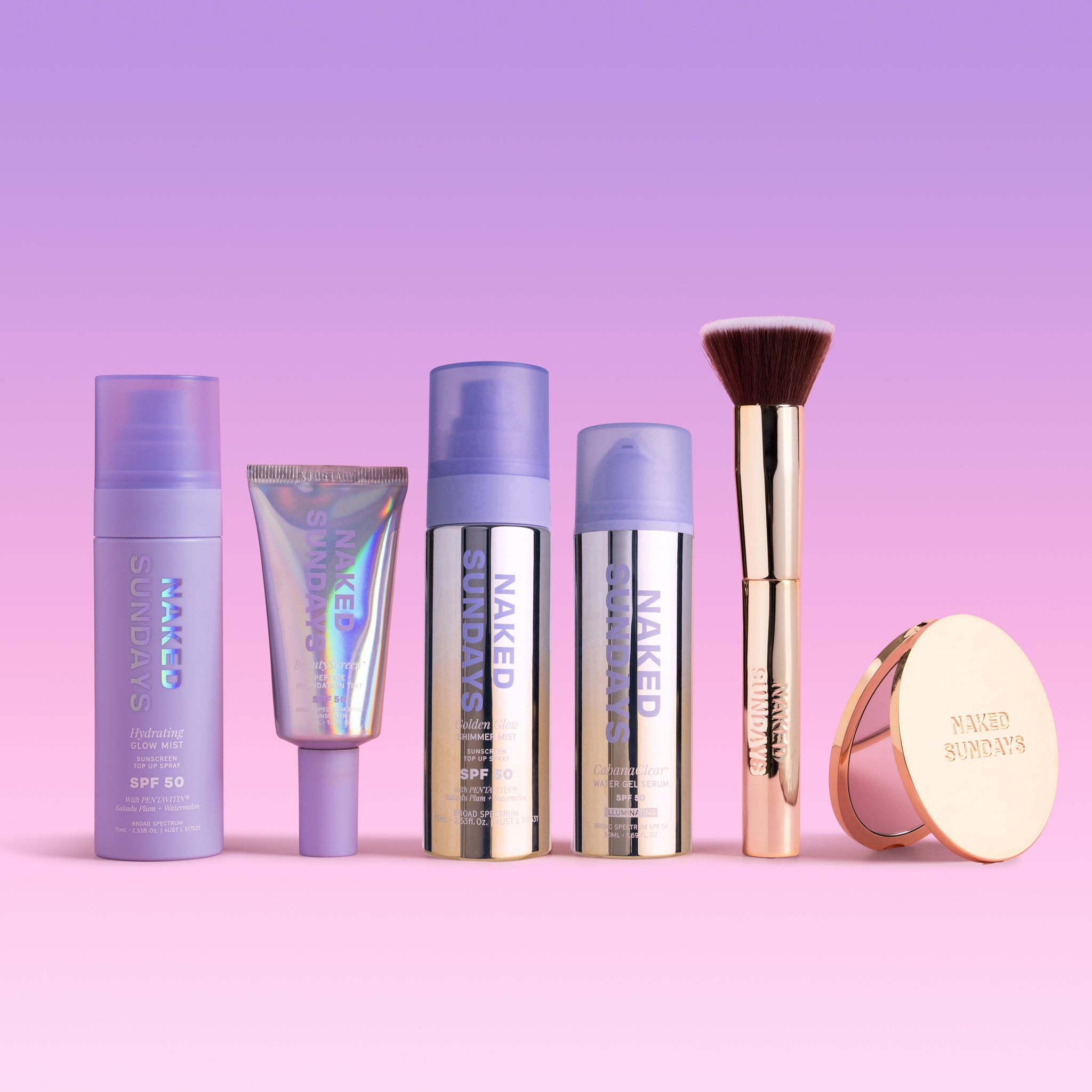 Naked Sundays products including bottles, a brush, and a compact on a pink background