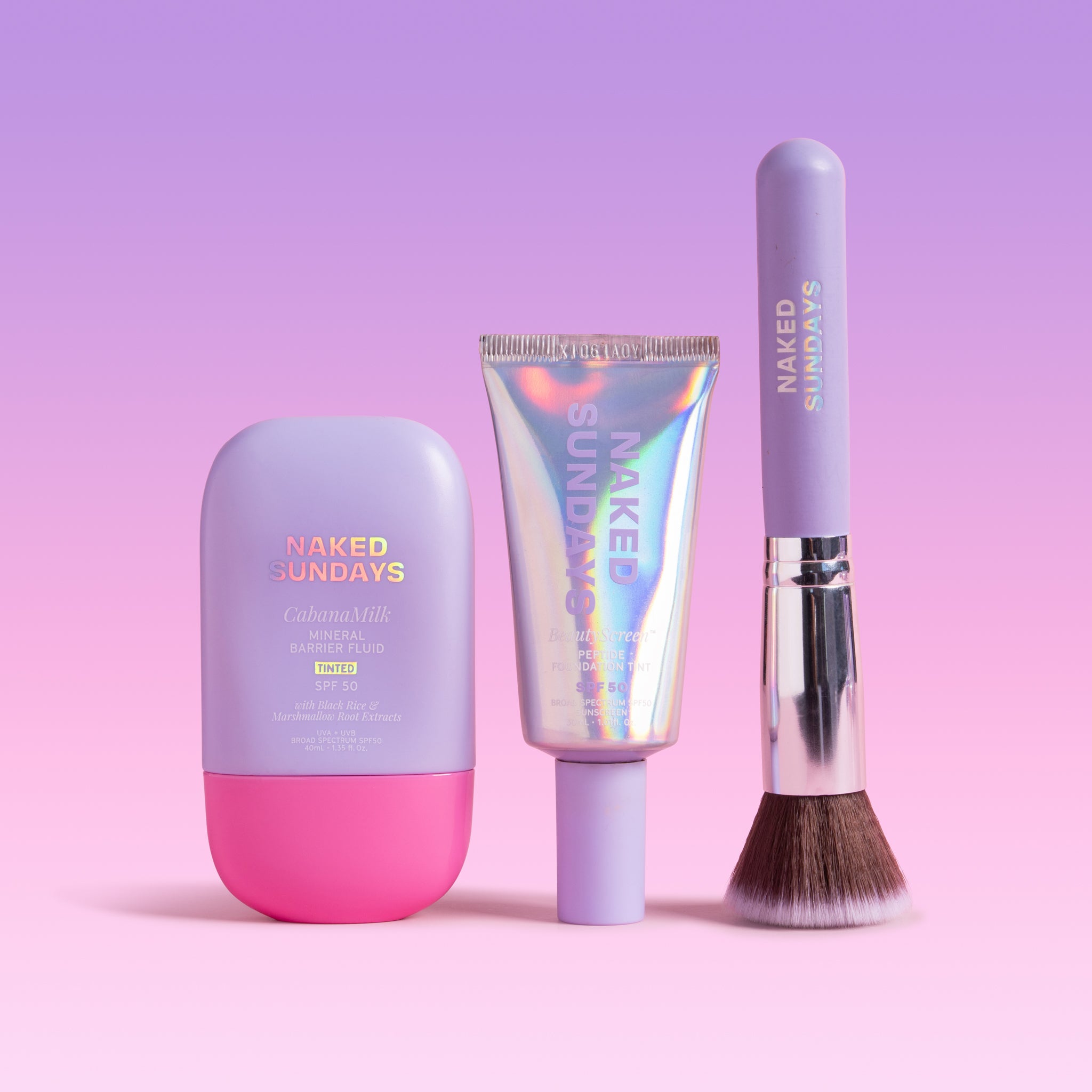 Three 'Naked Sundays' beauty products on a pink background