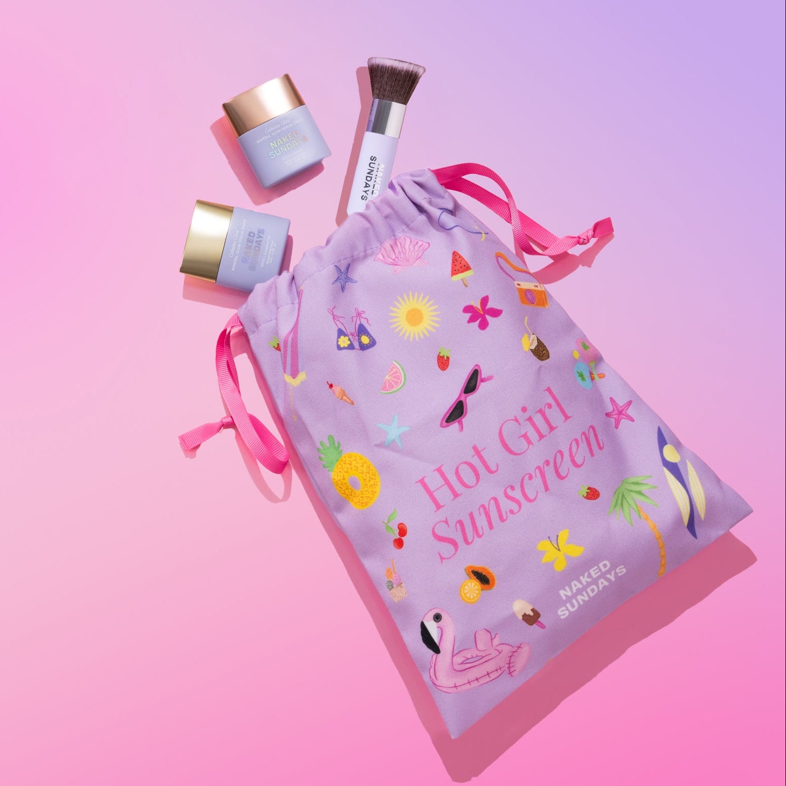 Naked Sundays CabanaGlow Serum Drops and Mini SPF BFF Brush spilling out of a 'Hot Girl Sunscreen' drawstring bag on a gradient background