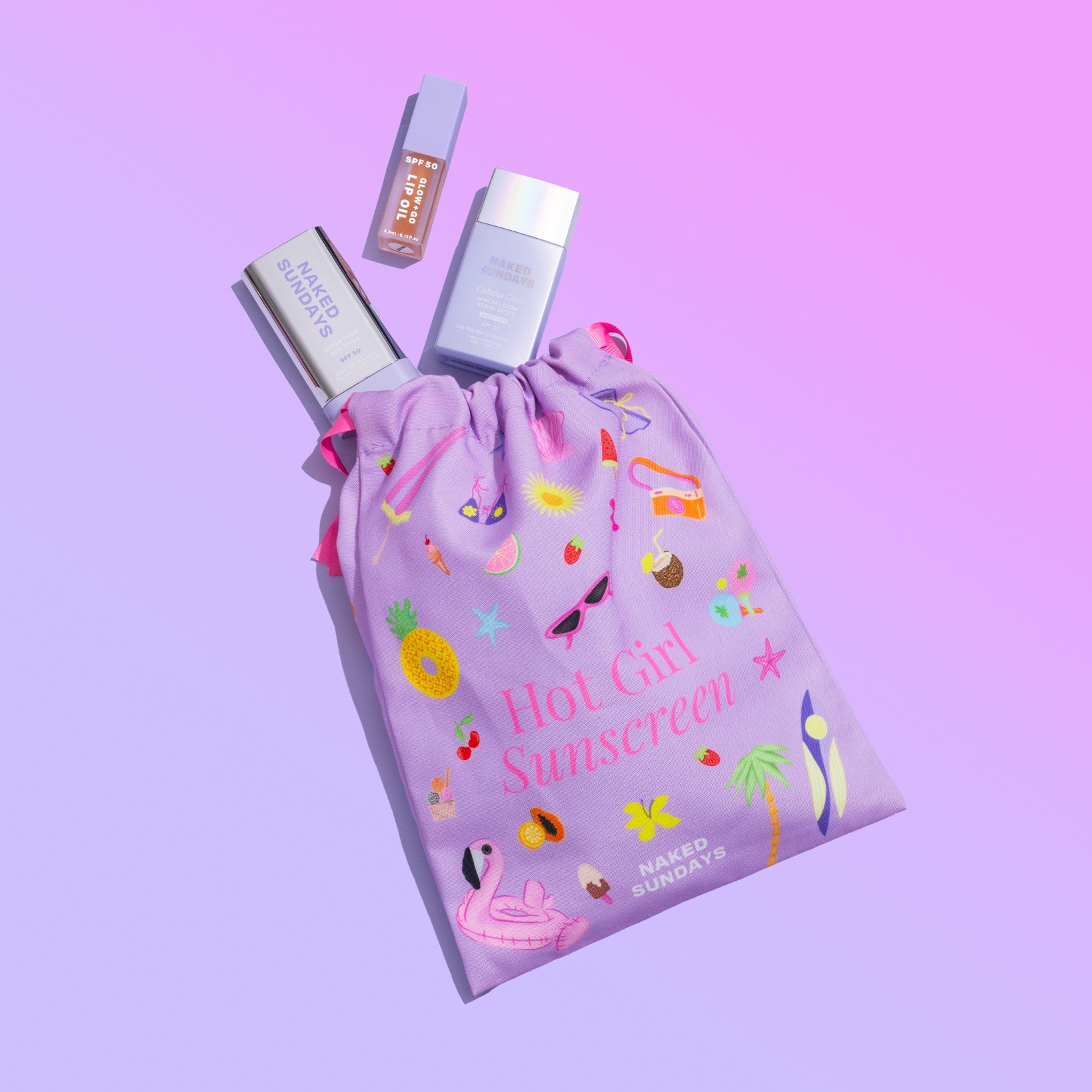 Naked Sundays Drawstring bag featuring 'Hot Girl Sunscreen' in pink text. Three Naked Sundays SPF50 products are coming out of the bag against a purple background.