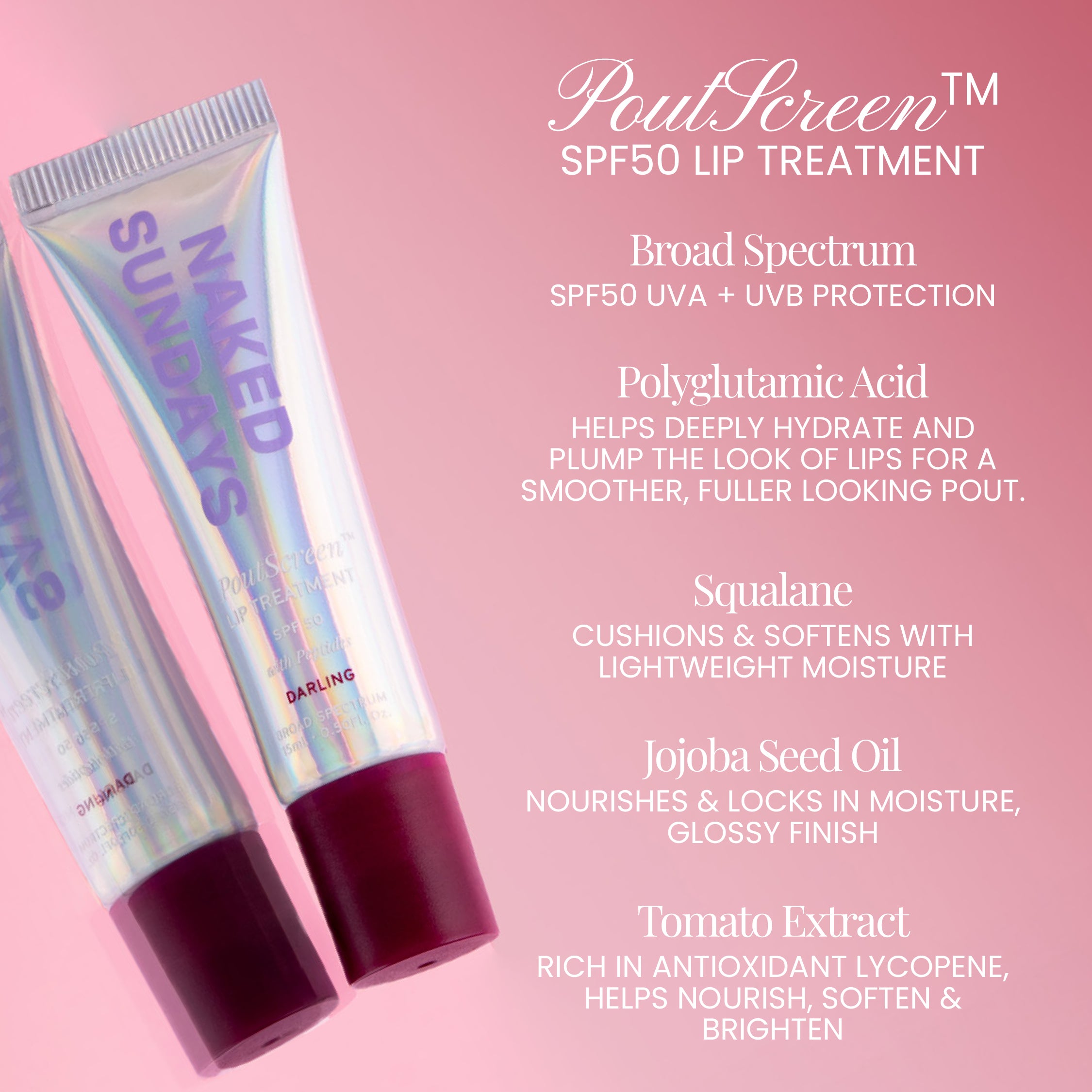 Naked Sundays lip treatment tube with product details on a pink background