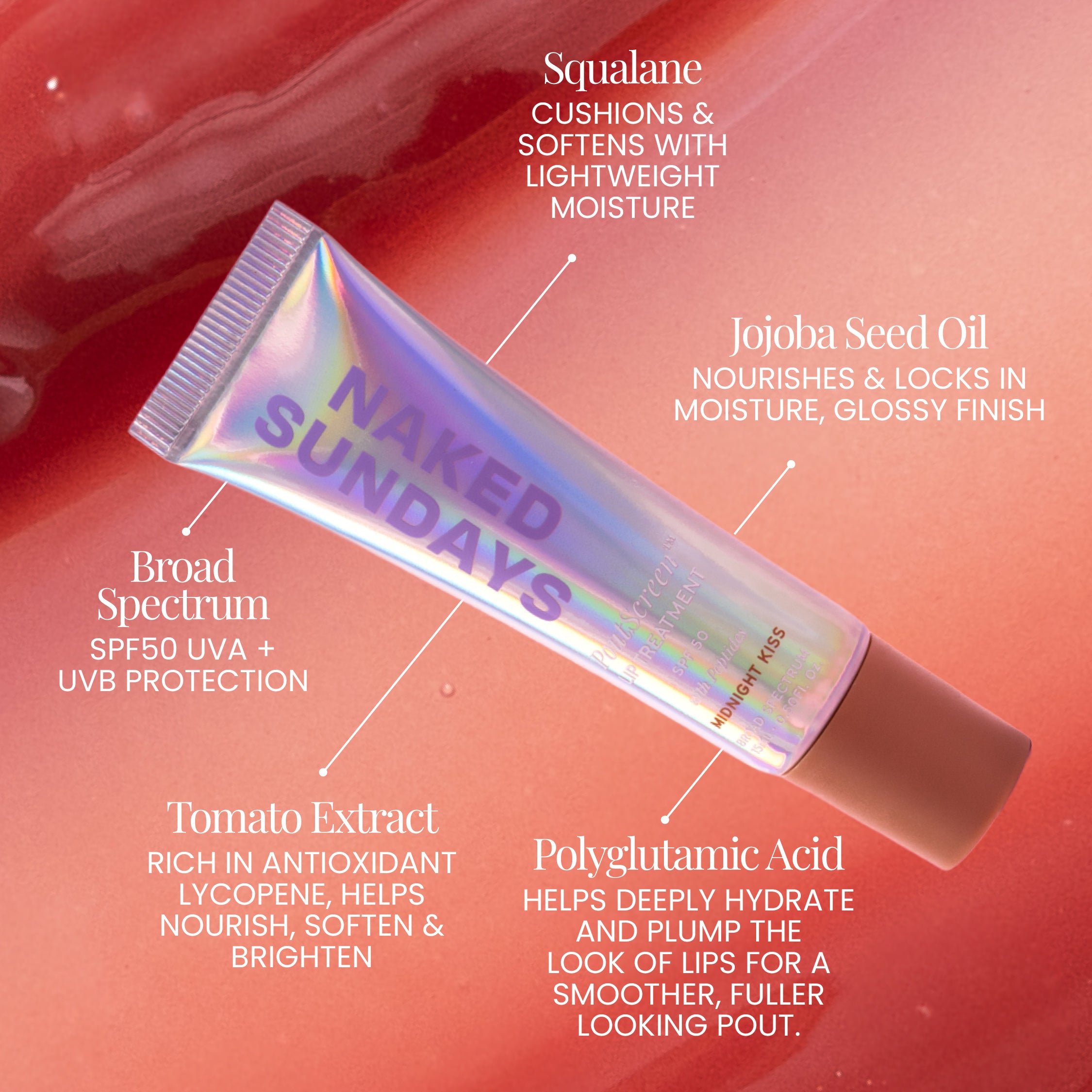 Naked Sundays PoutScreen infographic highlighting ingredients and benefits on a red background