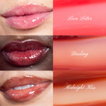 Collage of lip swatches with 'Love Letter', 'Darling', and 'Midnight Kiss' text