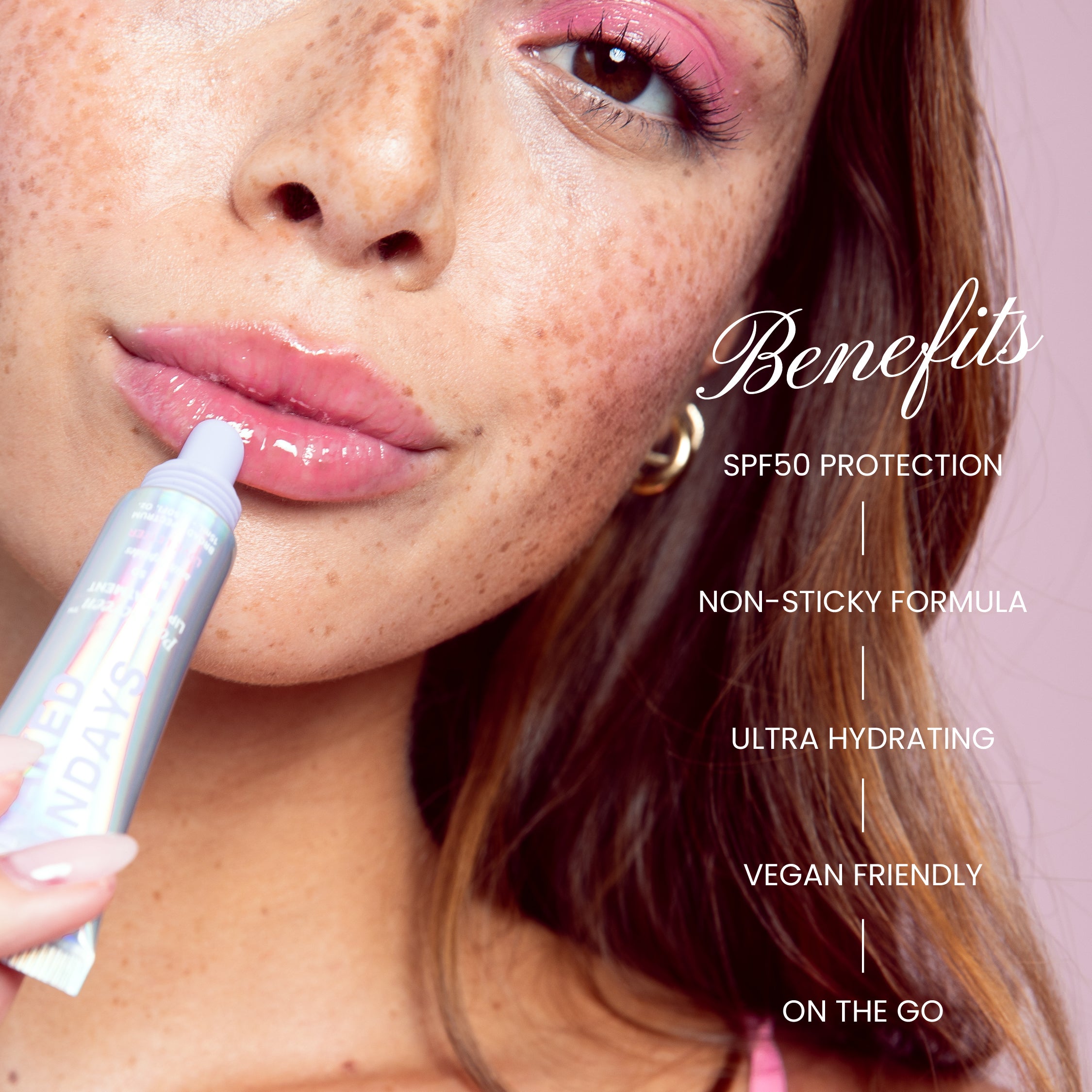 Woman applying Naked Sundays PoutScreen with product benefits listed on a light pink background