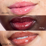 Three different shades of lip gloss applied to lips with shade names underneath