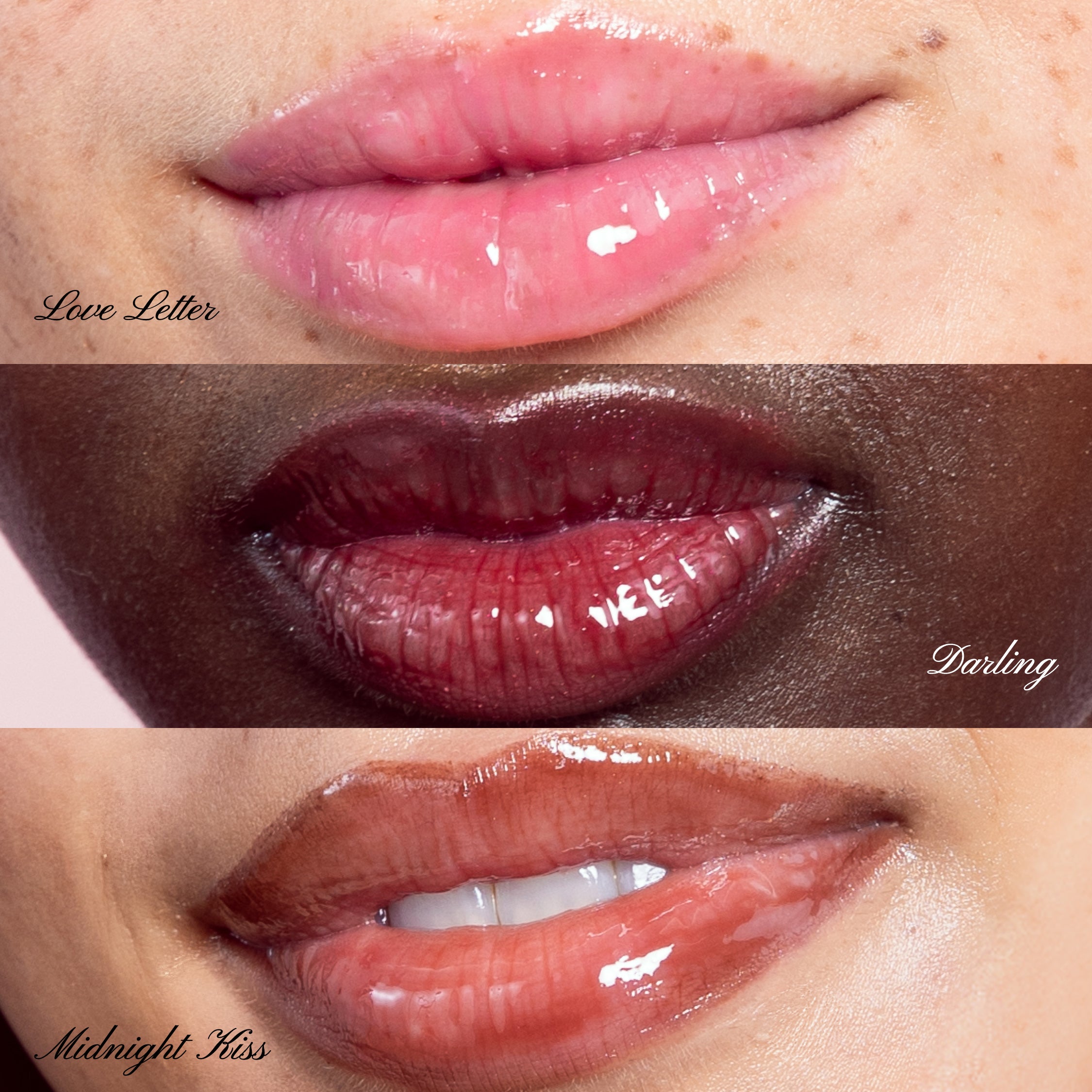 Three different shades of lip gloss applied to lips with shade names underneath