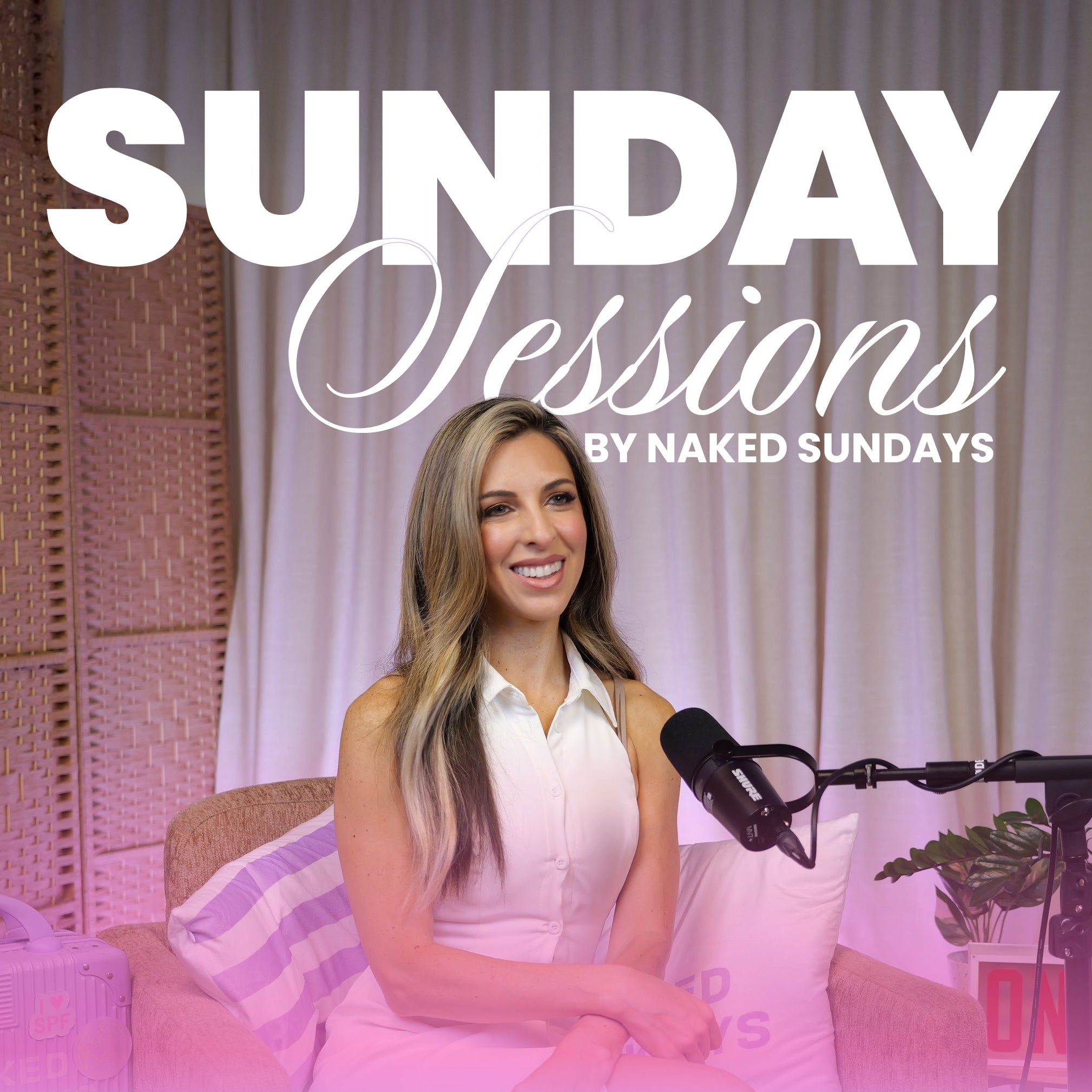 Woman sitting in front of a microphone with 'Sunday Sessions by Naked Sundays' text