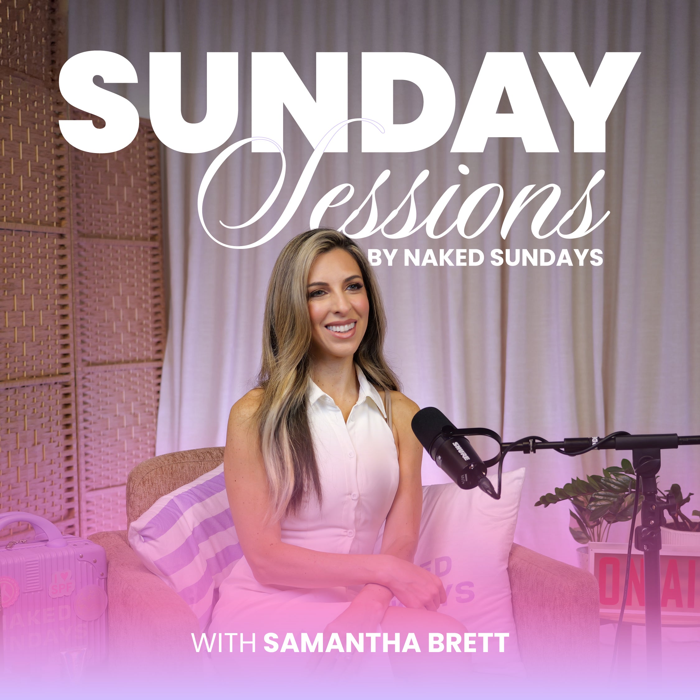 Woman sitting in front of a microphone with 'Sunday Sessions by Naked Sundays' text