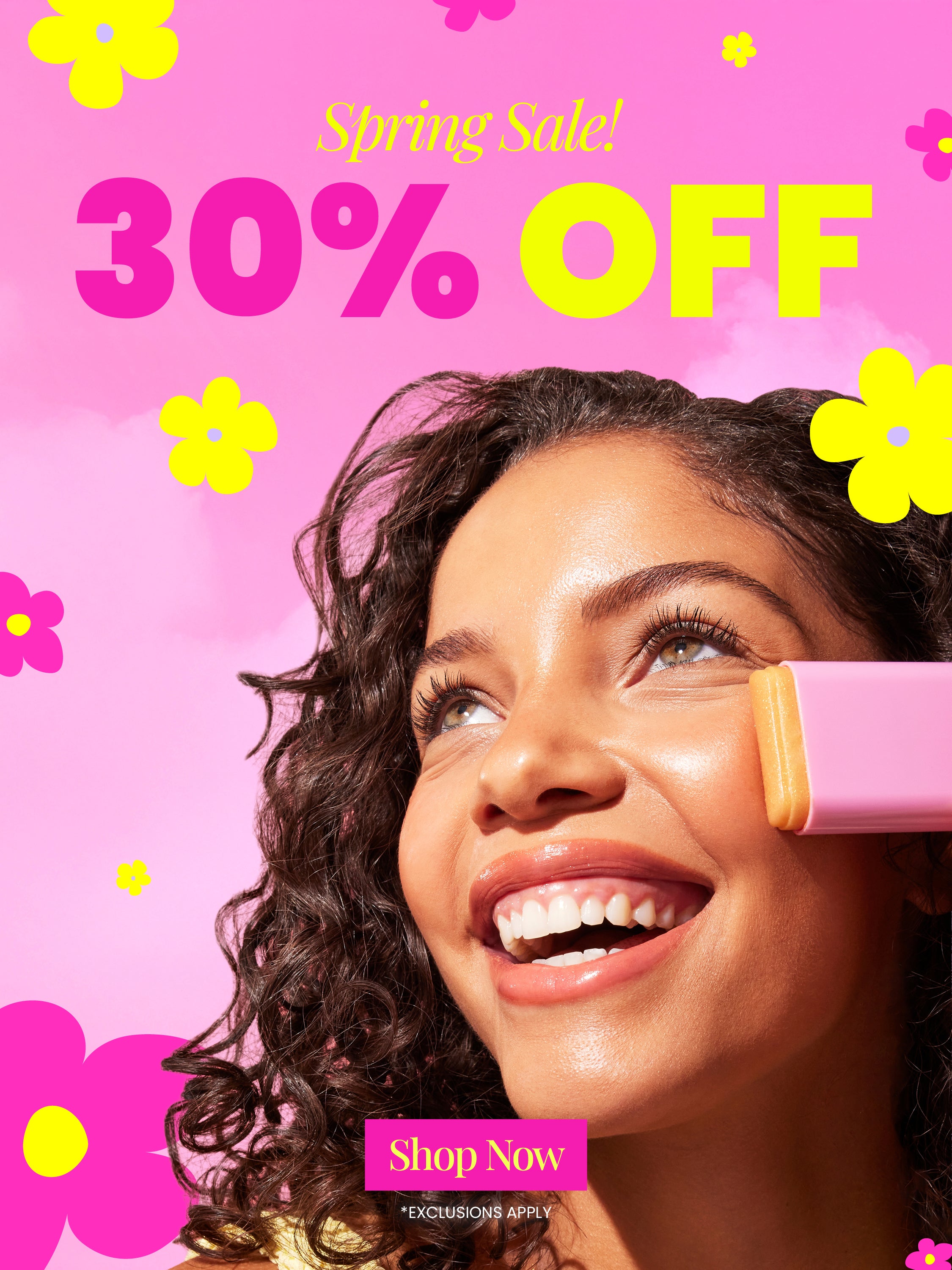 Promotional poster with a woman applying makeup, featuring a spring sale and 30% off offer on a pink floral background.