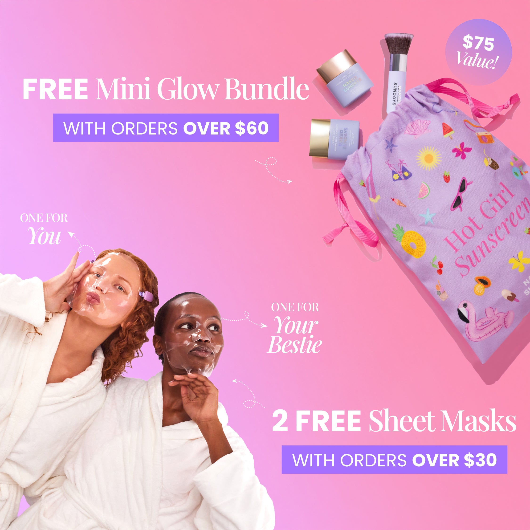 Promotional advertisement for a free mini glow bundle and sheet masks with cosmetic products on a pink background.