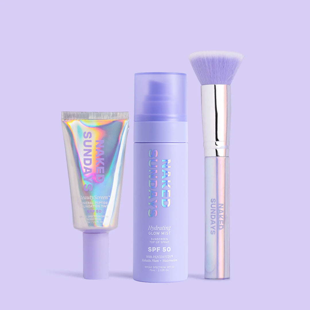 Naked Sundays products with a brush on a light purple background