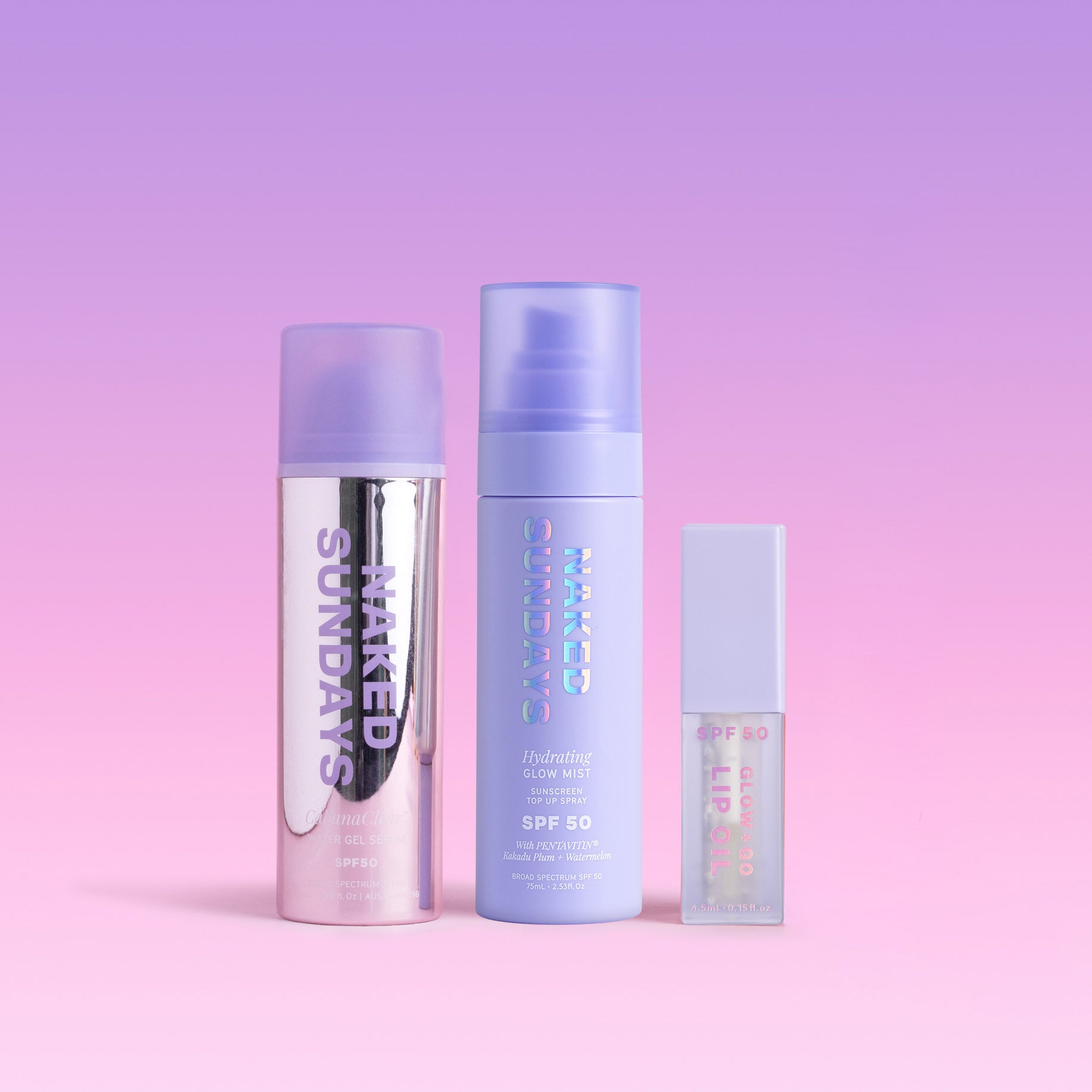 Three skincare products with 'Naked Sundays' branding on a pink and purple gradient background.