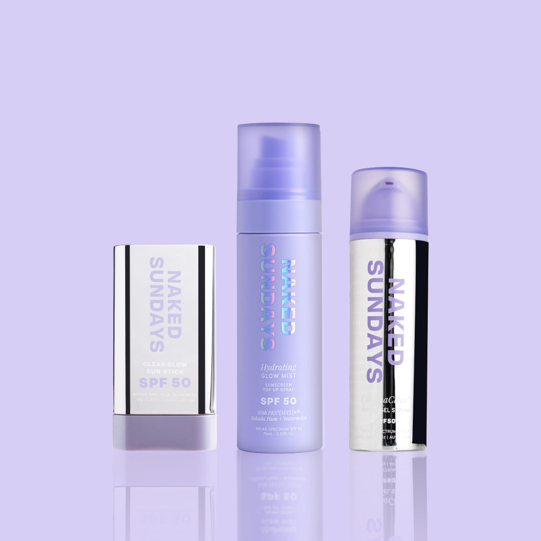 Three 'Naked Sundays' skincare products on a light purple background