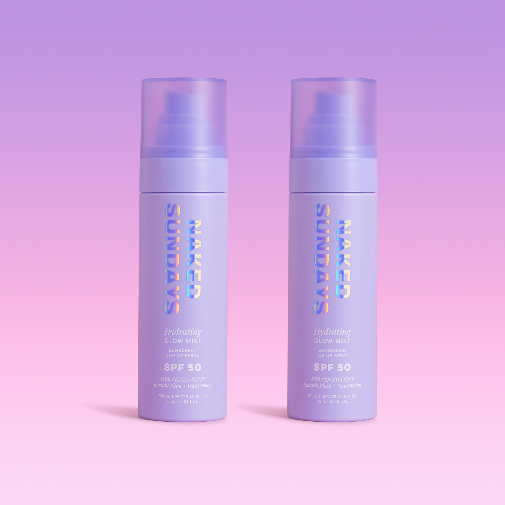 Two bottles of Naked Sundays Glow Mist on a gradient purple background