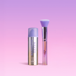Makeup brush and bottle of Naked Sundays CabanaClear in Illuminating on a pink background