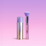 Makeup brush and bottle of Naked Sundays CabanaClear in Illuminating on a pink background