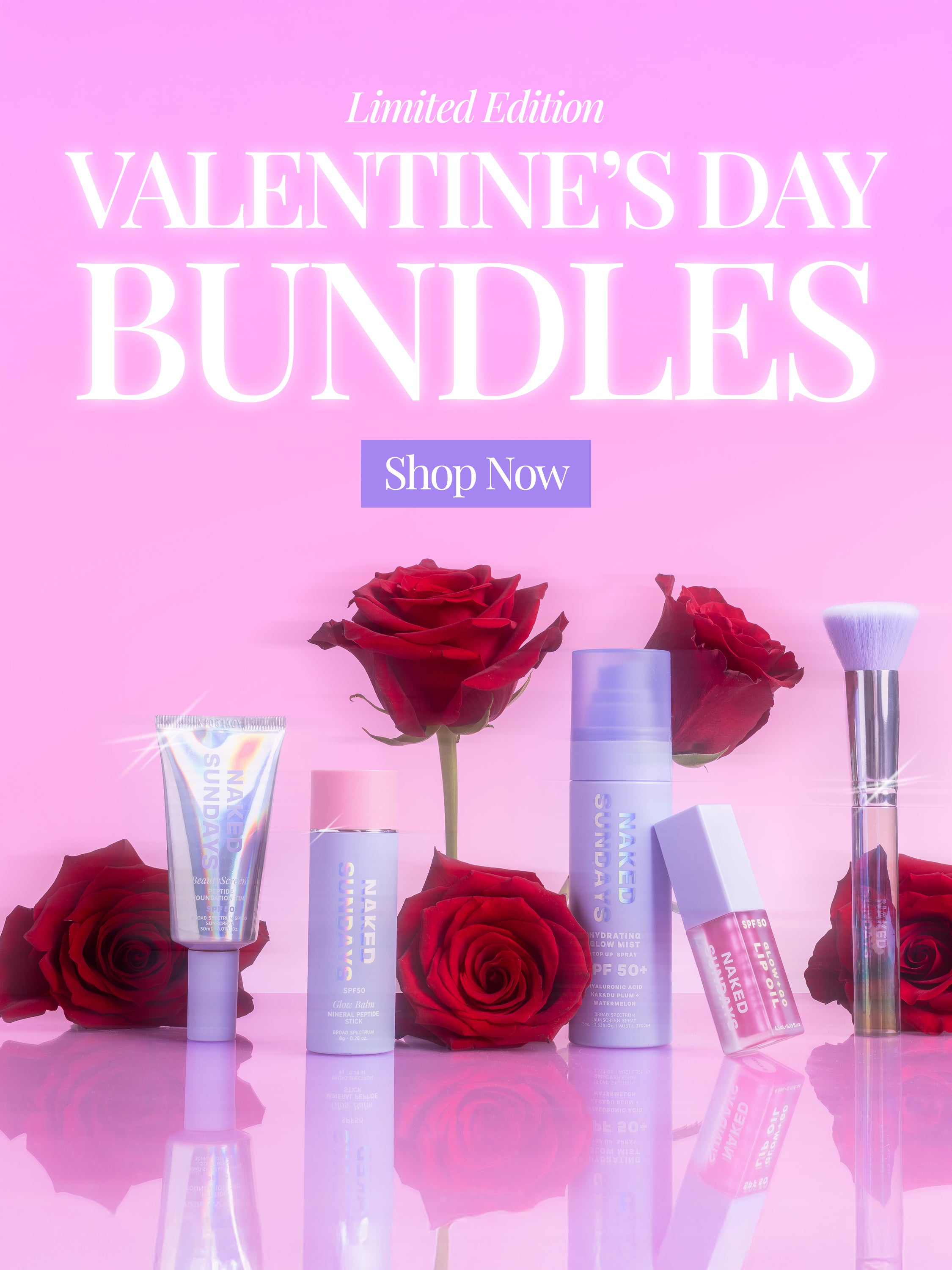 Naked Sundays products with red roses on a pink background, promoting Valentine's Day bundles.