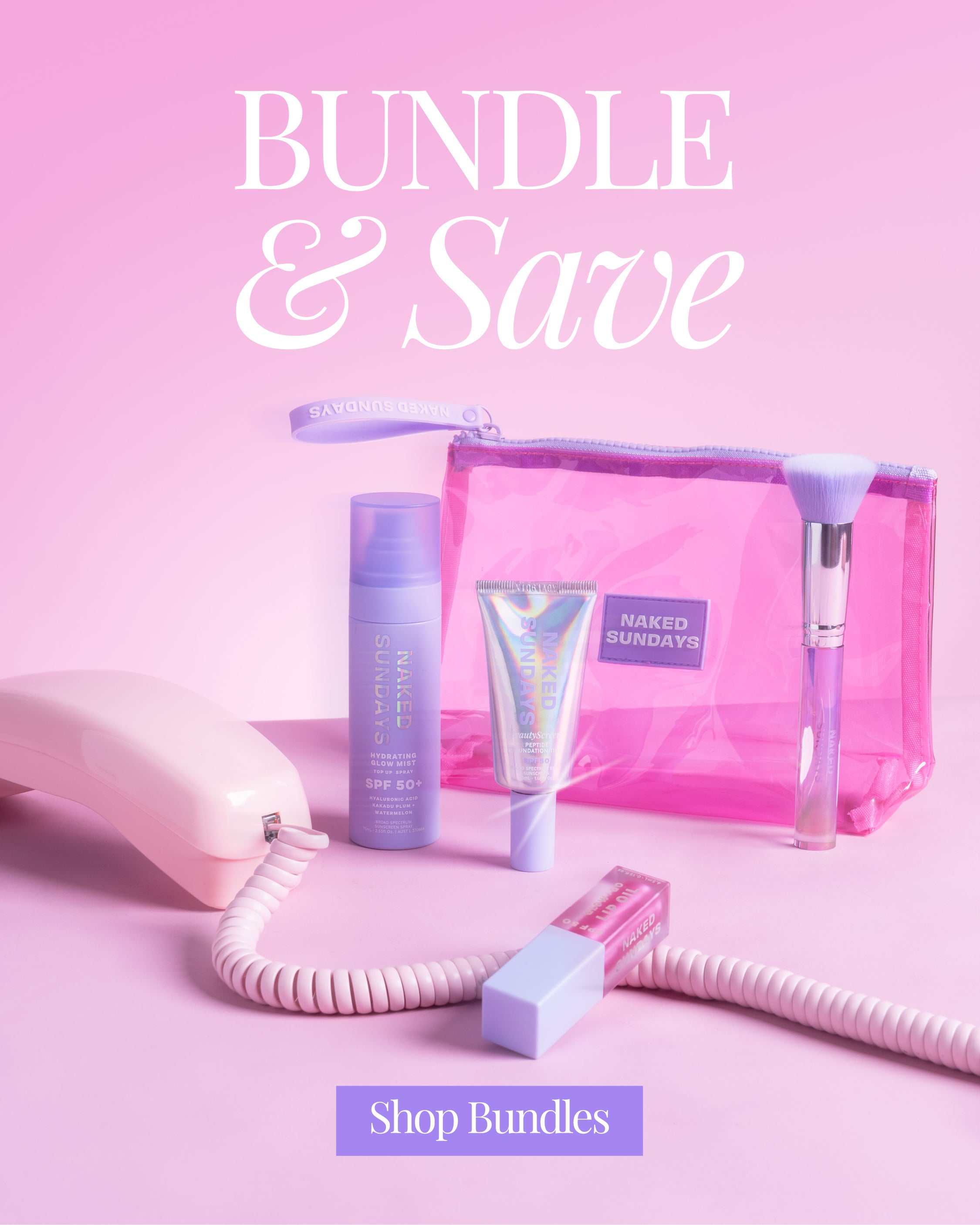 Cosmetic bag with products on a pink background with 'Bundle & Save' text.