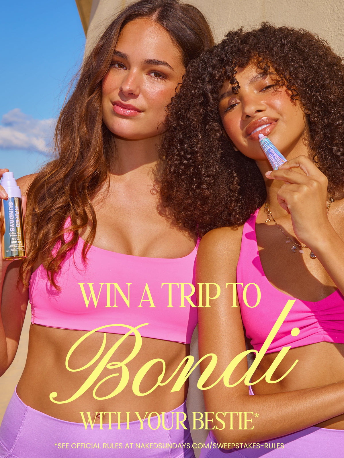 Two women in bright pink athletic wear pose outdoors while holding Bondi travel socks. The image features promotional text overlay reading 'WIN A TRIP TO Bondi WITH YOUR BESTIE' and an 'Enter Now' button.