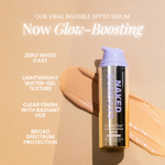 Naked Sundays CabanaClear Illuminating bottle with text highlighting features on a gold background