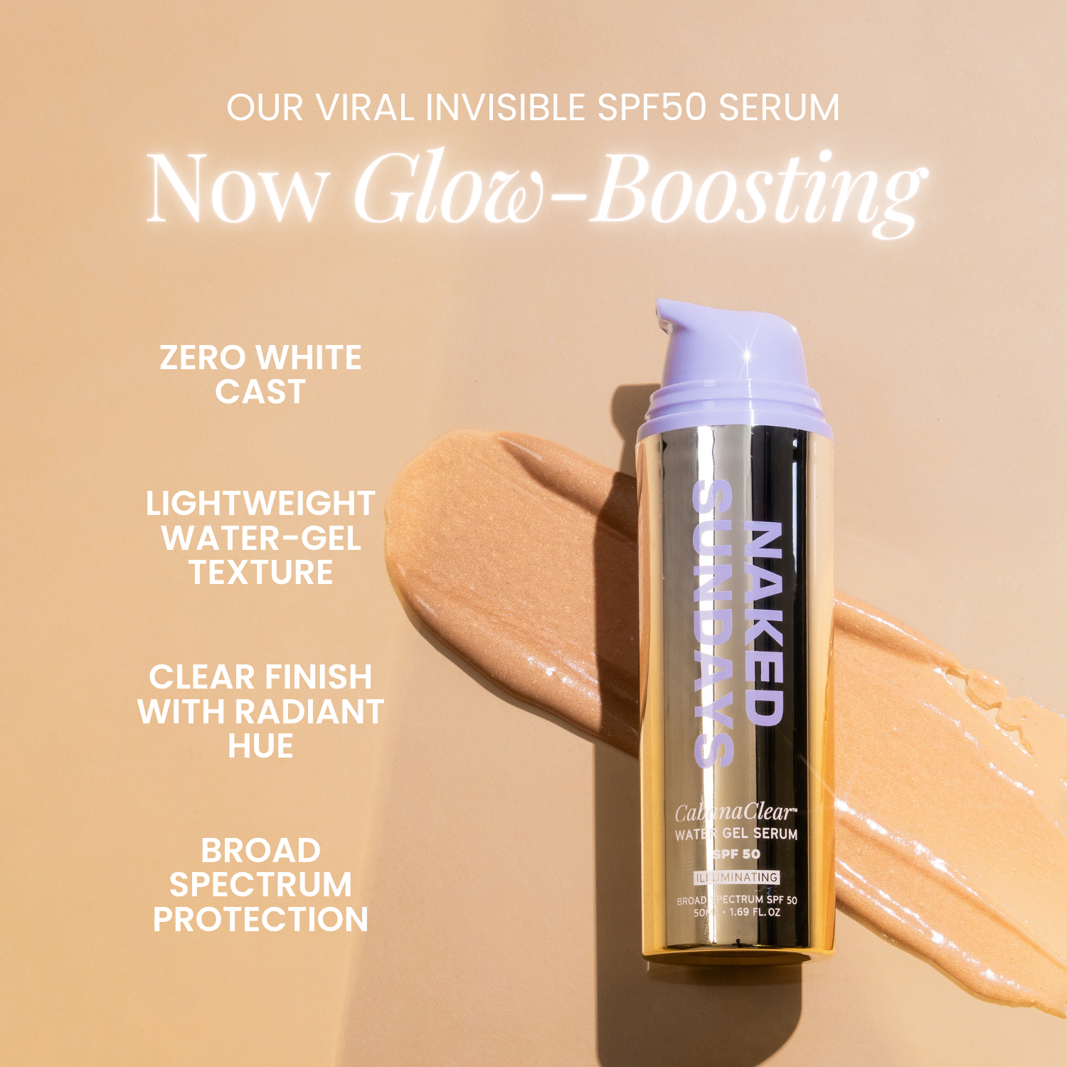 Naked Sundays CabanaClear Illuminating bottle with text highlighting features on a gold background