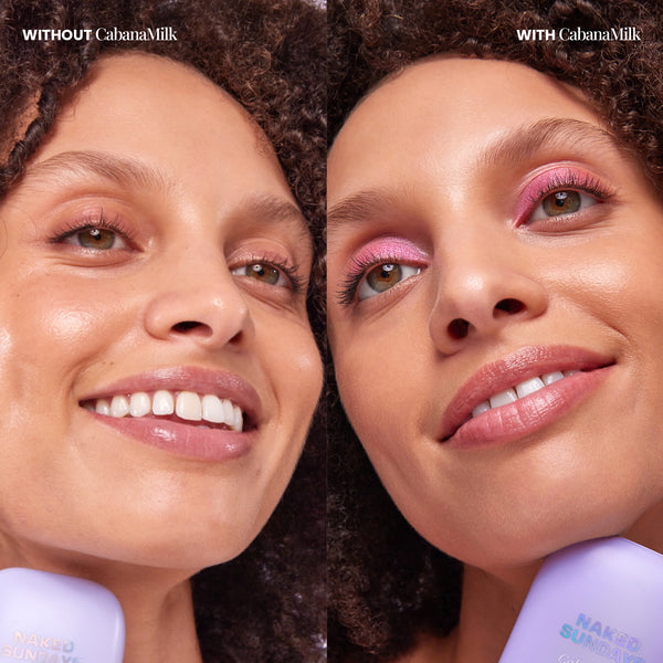 Side-by-side comparison of a woman's face with and without makeup, featuring CabanaMilk SPF50 Mineral Barrier Fluid.