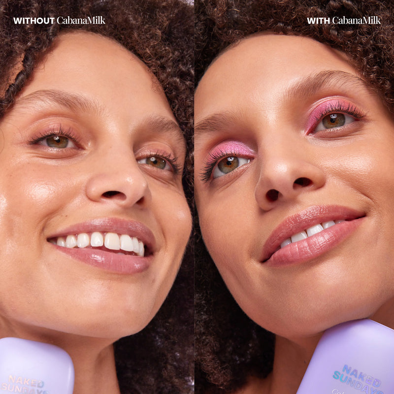 Side-by-side comparison of a woman's face with and without makeup, featuring CabanaMilk SPF50 Mineral Barrier Fluid.